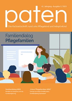 Titelseite paten 03/2025 – Familiendialog Pflegefamilien in NRW, Illustration einer Gesprächsrunde mit Familien