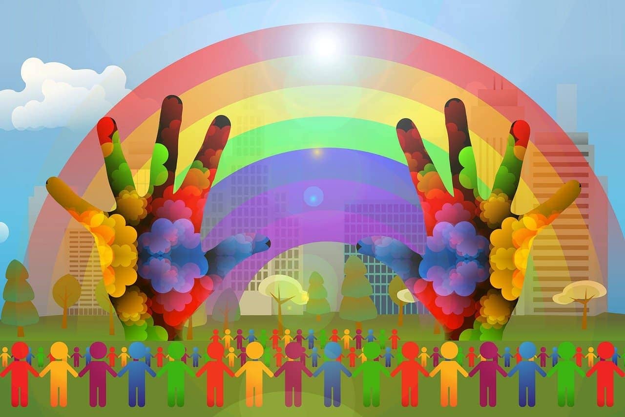 diversity, silhouettes, rainbow, hands, city, skyline, colorful, community, nature, clouds, urban, population, people, group, social, cooperation, together, network